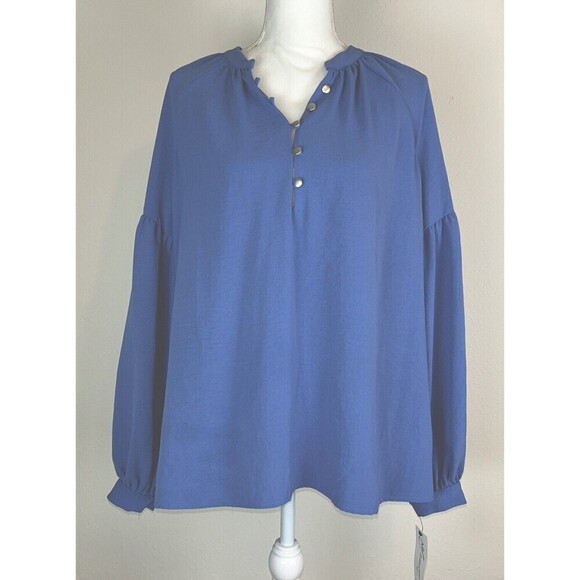 NY Collection Balloon Sleeve Peasant Blue Blouse Plus Size 2X (18/20) - Picture 2 of 15